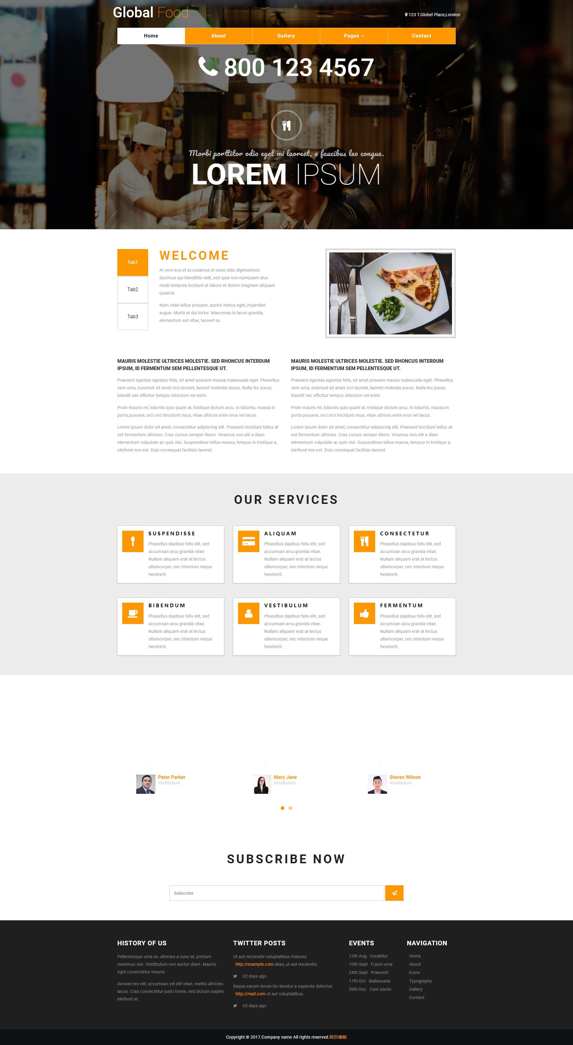 橙色宽屏的美食自助餐厅网站html模板