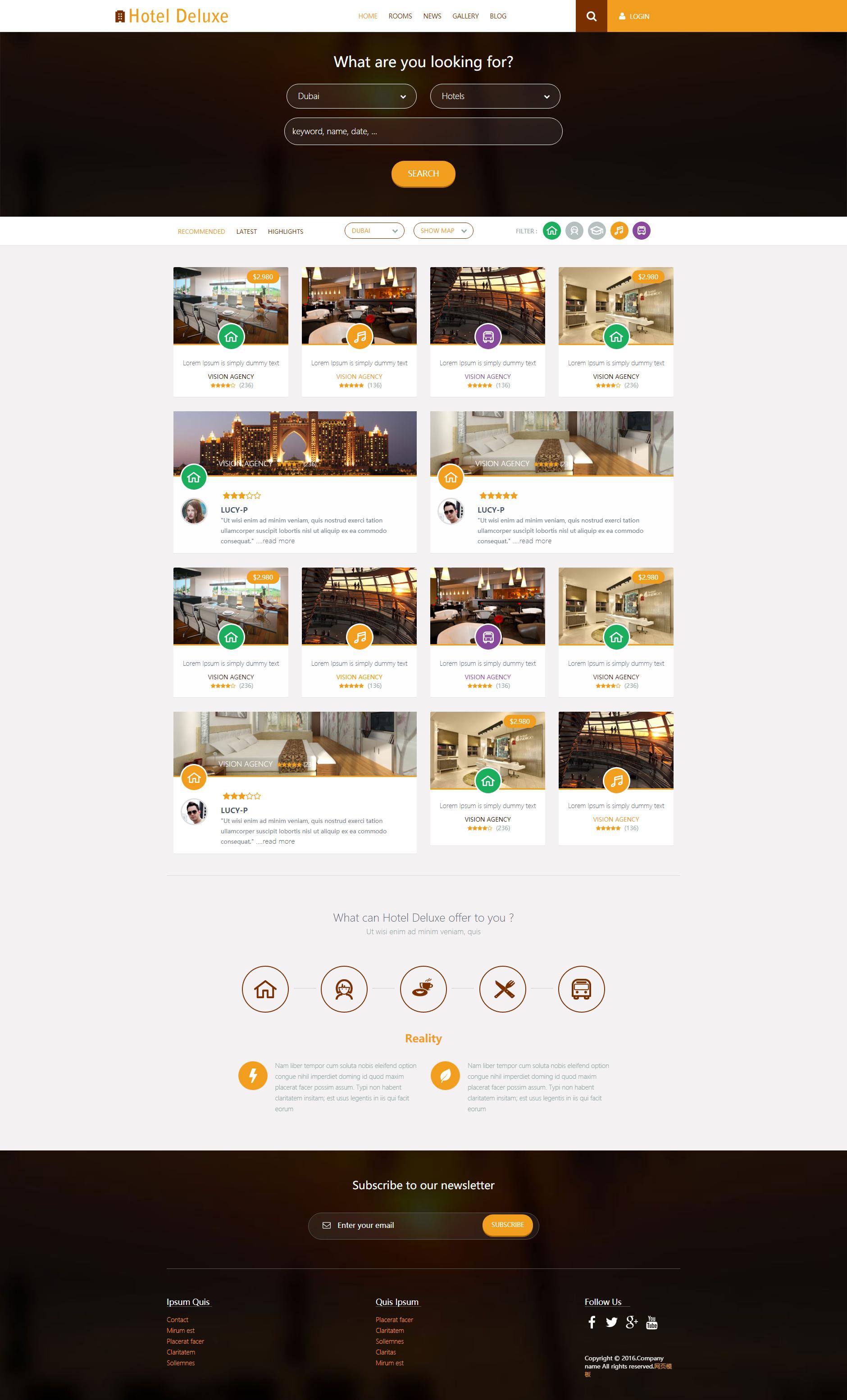 橙色的高级酒店预订网站响应式html5模板